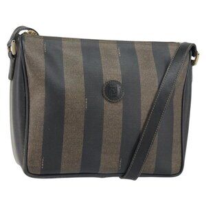 Authentic FENDI Pecan Canvas Shoulder Bag PVC Black Brown gold